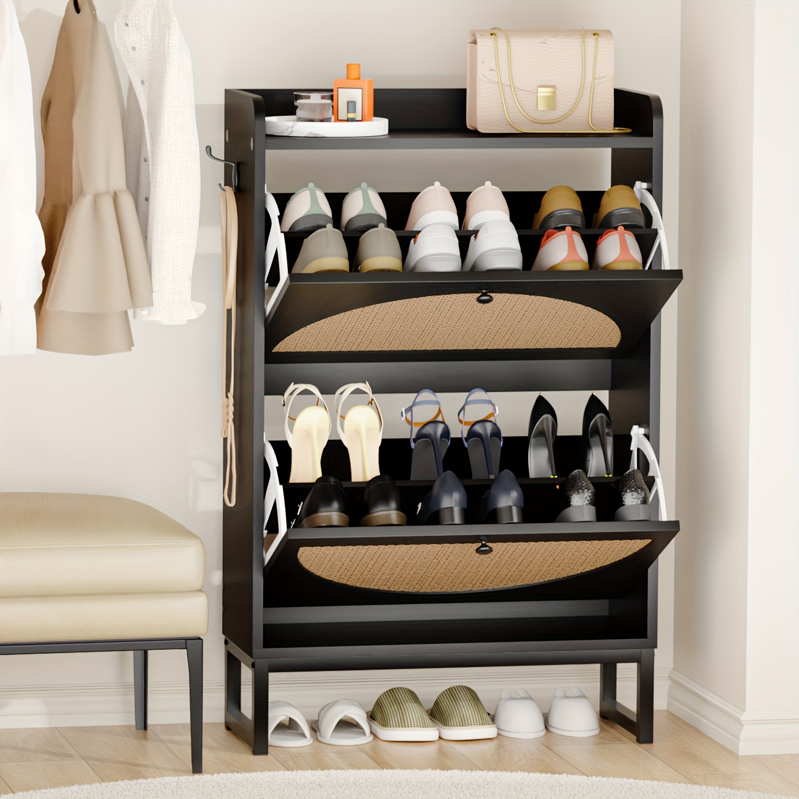 TEMU Shoe Cabinet With 2 Flip Drawers, Handmade Natural Rattan Shoe Cabinet Storage For Entryway, Freestanding Slim Shoes Organizer, Narrow Shoe Rack Cabinet For Hallway (2-drawers, Black)