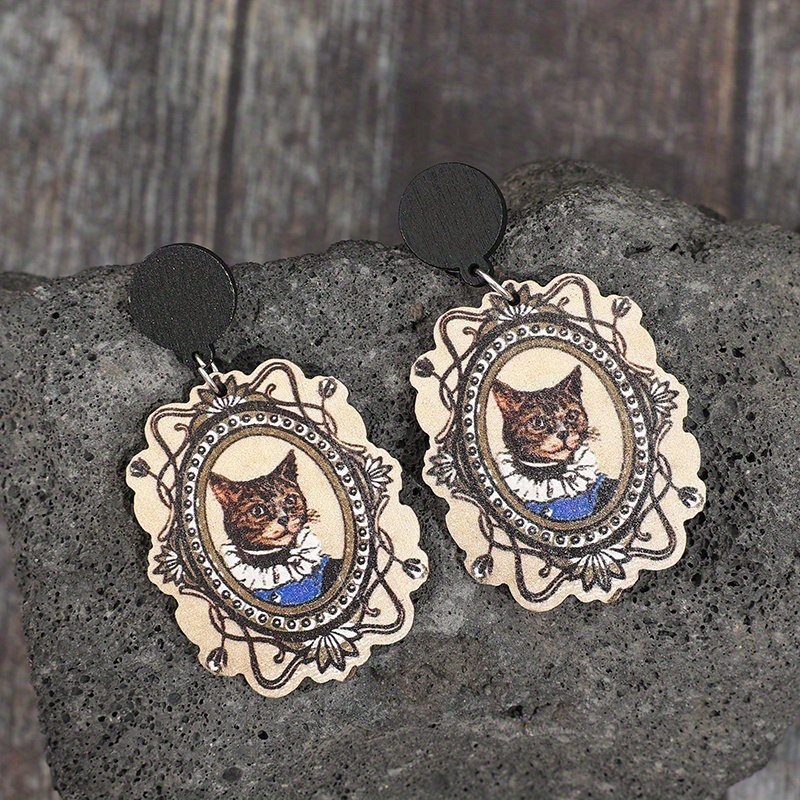 Vintage Boho Wooden Drop Earrings with Cat Design