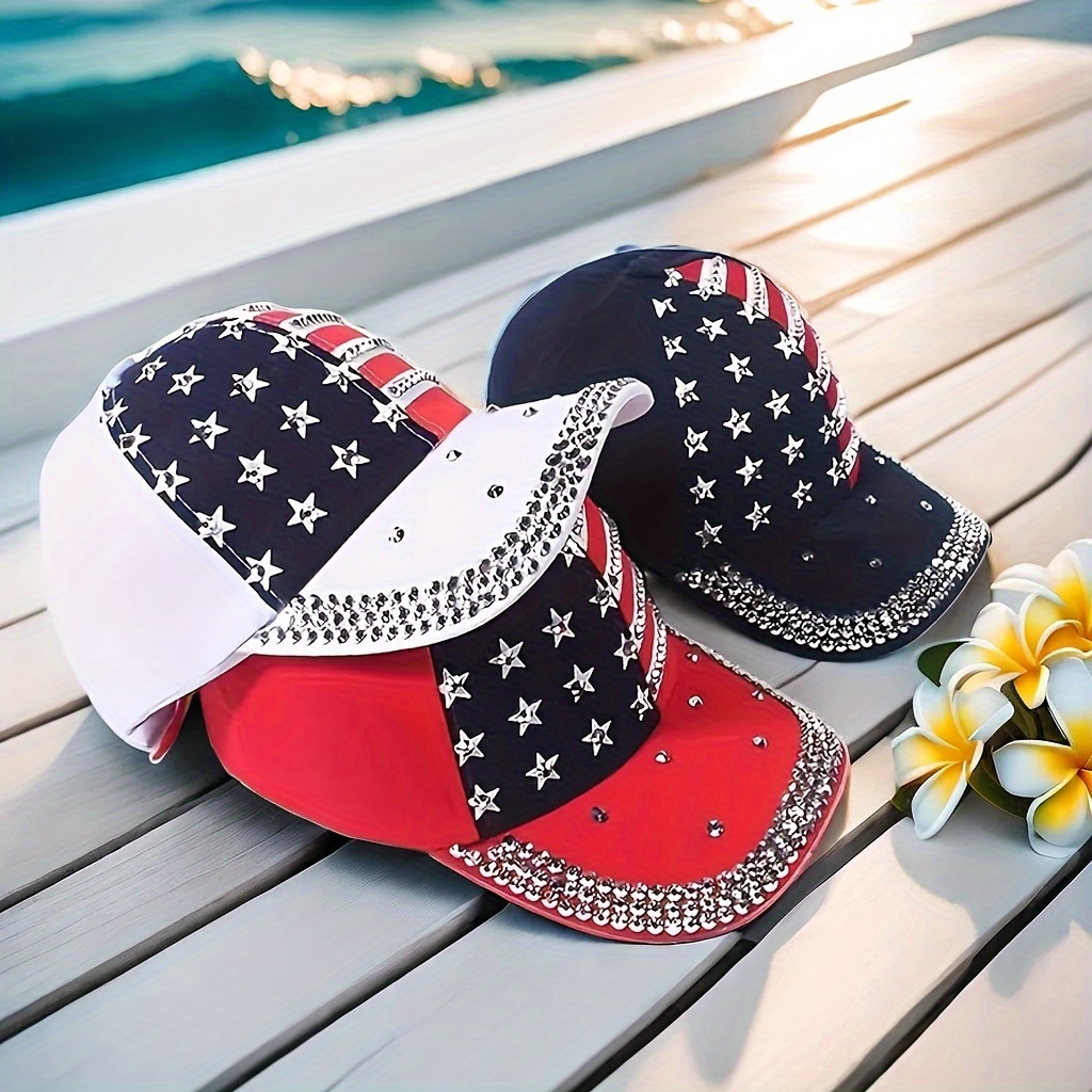 

Patriotic Rhinestone Studded Star & Stripe Baseball Cap, Adjustable Sun Protection Peaked Hat, Summer Street Style American Flag Design Sunshade Hat
