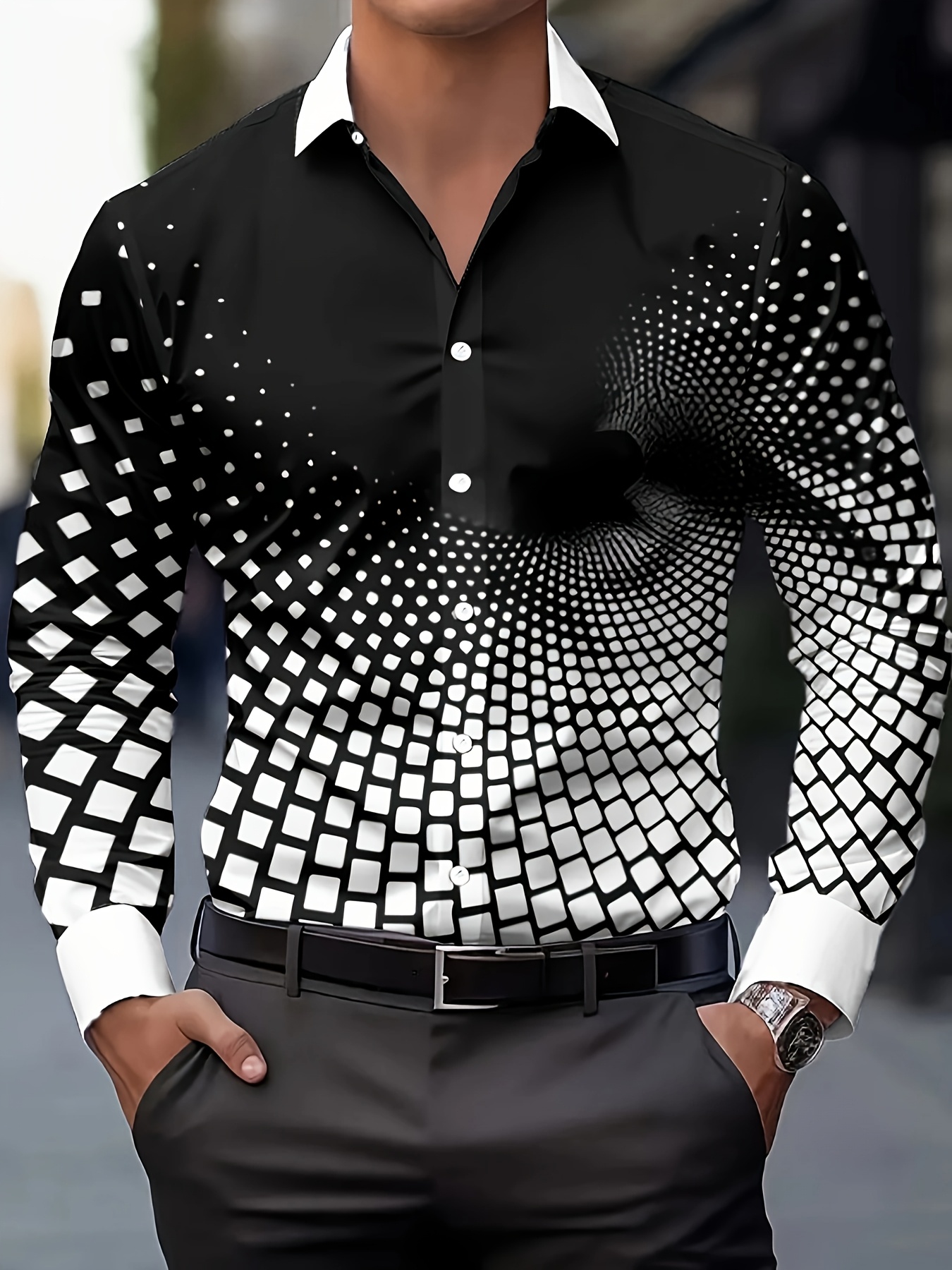 Camisa Elegante para Hombre con Estampado Geométrico y Camisa Casual de  Larga Transpirable para */Otoño de Poliéster