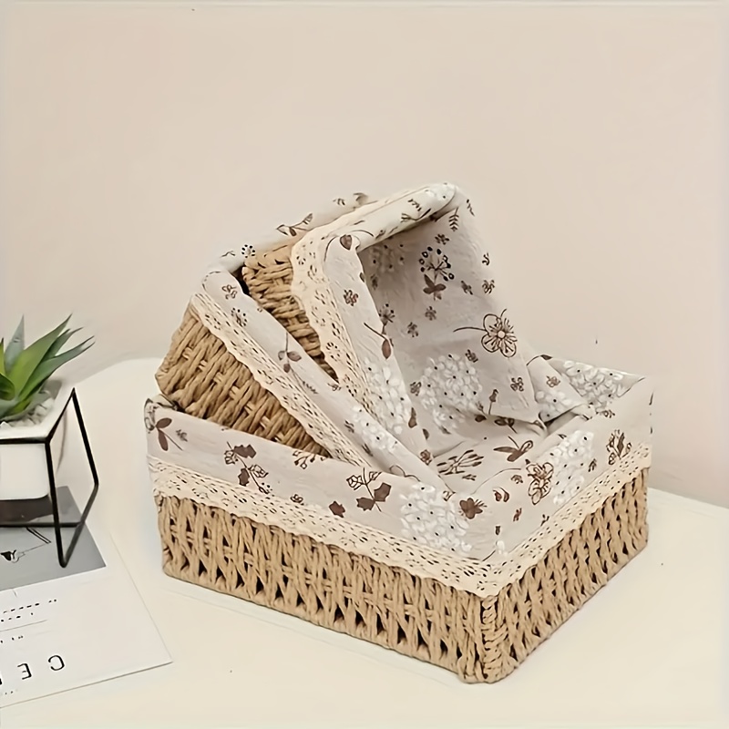 3pcs   woven storage basket with lace accents desktop fabric storage living room rattan storage basket Product details 2