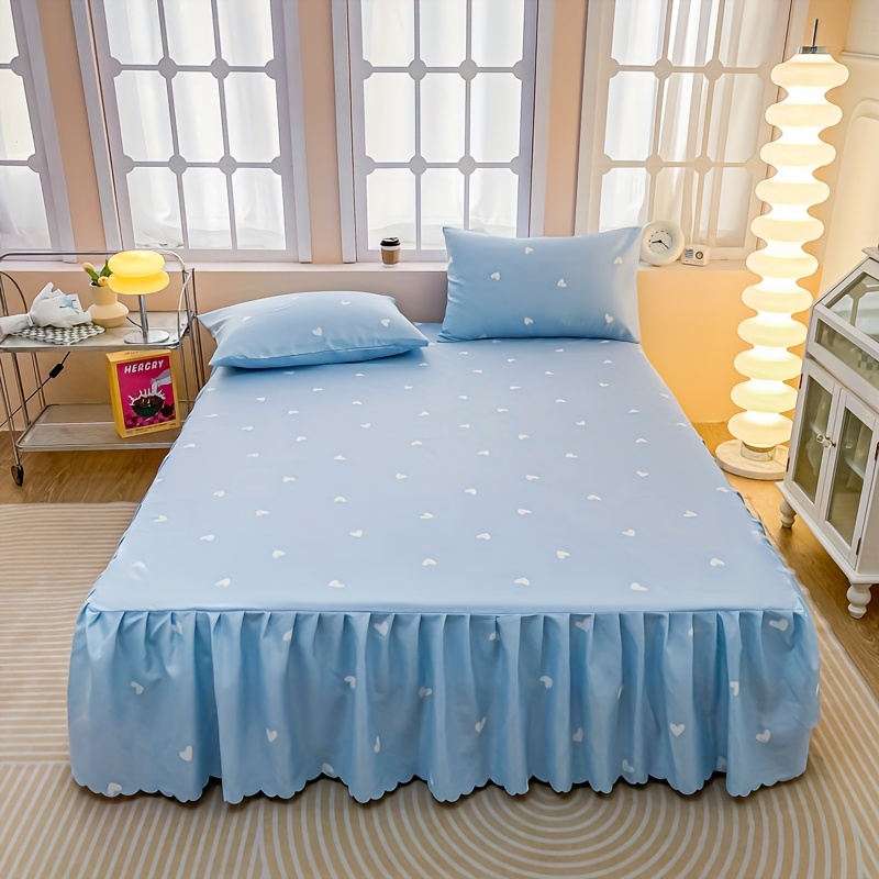 TEMU 1pc Light Blue And White Heart Print Draped Bed Skirt, Pillowcases Not Included. Skin-friendly, Breathable, And Machine Washable. Suitable For