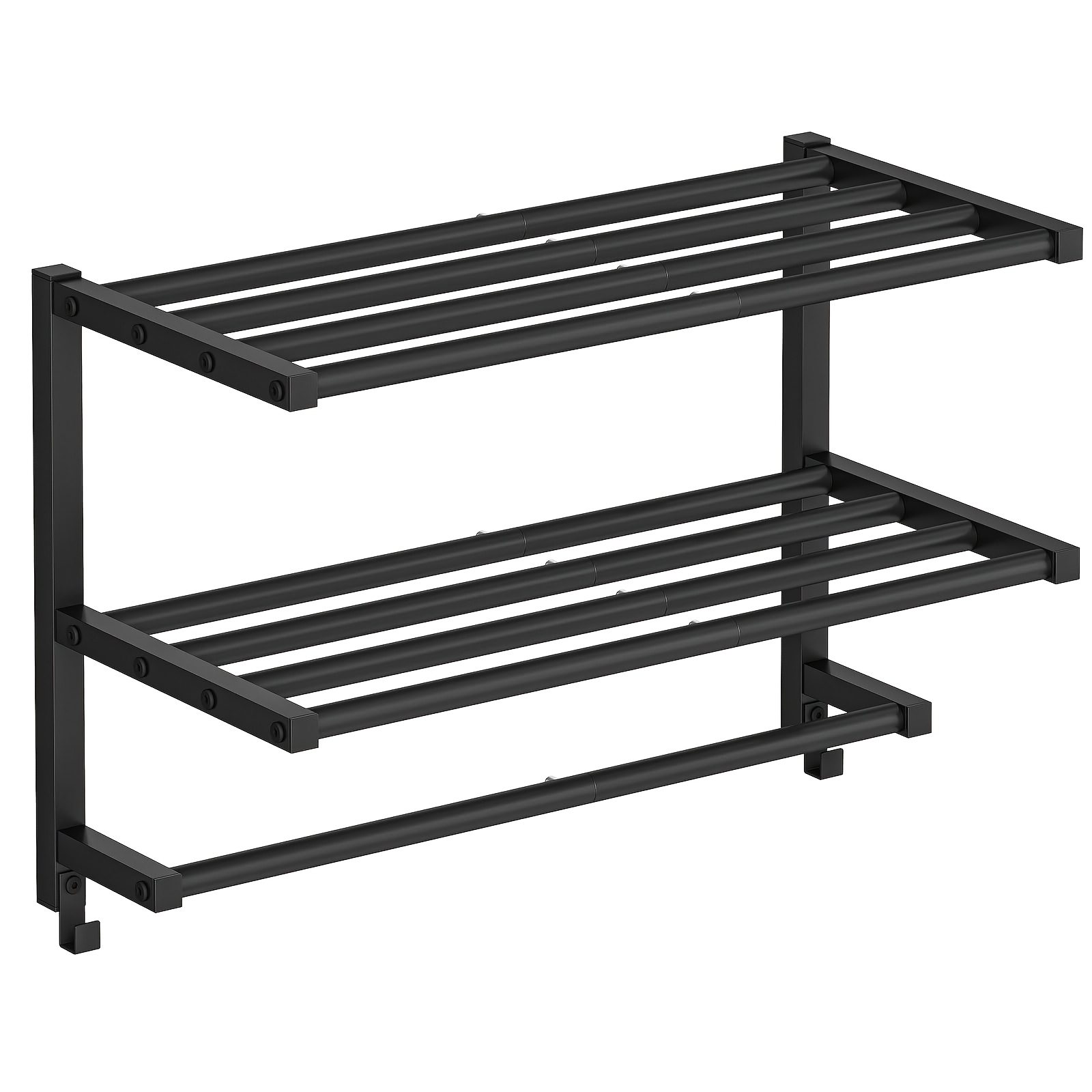 Image of Three-tier Wall-mounted Towel Rack With Hooks, Metal Storage Shelf Suitable For Bedroom, Living Room, And Bathroom, Measuring 60x22x38 Cm, In Black, Towel Racks