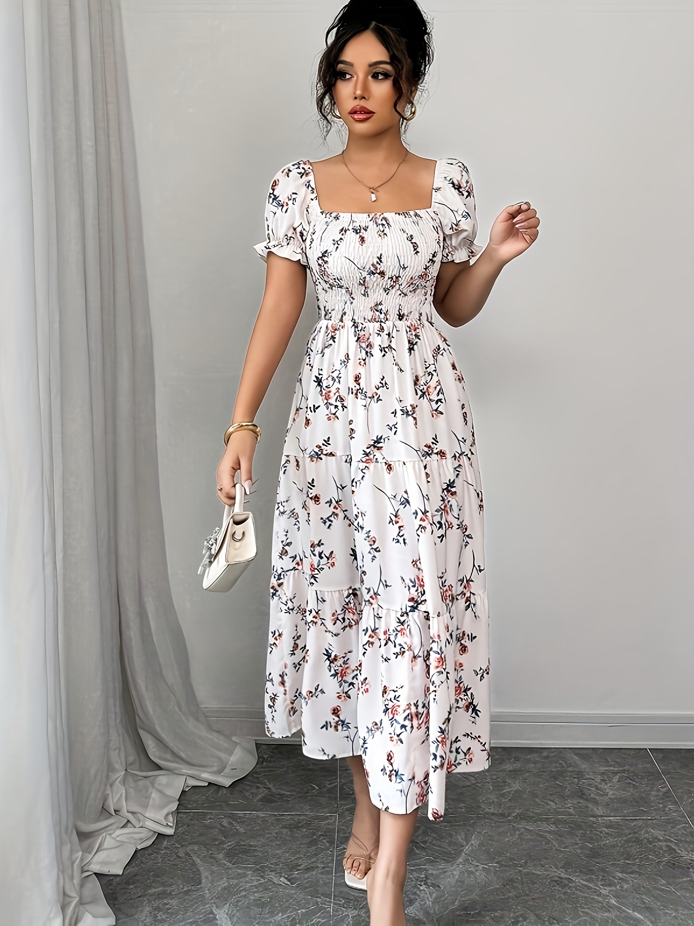Women'S Floral Off-Shoulder Pinafore Dress with * Hem - Elegant Summer  Dress for Casual, Work, Travel, Beach, Bohemian, Western Style, Music  Festival, Country Look, Beach Dress | Floral Pattern Dress ...