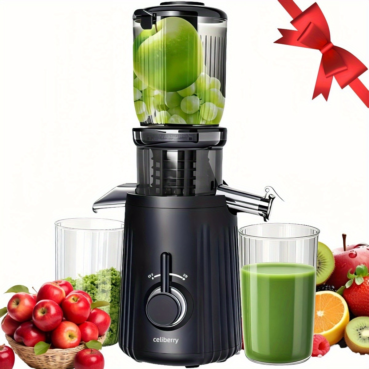 Celiberry Slow-Speed Masticating Juicer with 4.25-Inch Wide Feed Chute, Quiet Operation, Easy to Clean, Multiple Colors Available