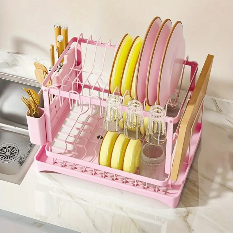 2-Tier Plastic Dish Drainer Rack – Utensil & Cutlery Holder With Drying Cup | Space-Saving Kitchen Organizer