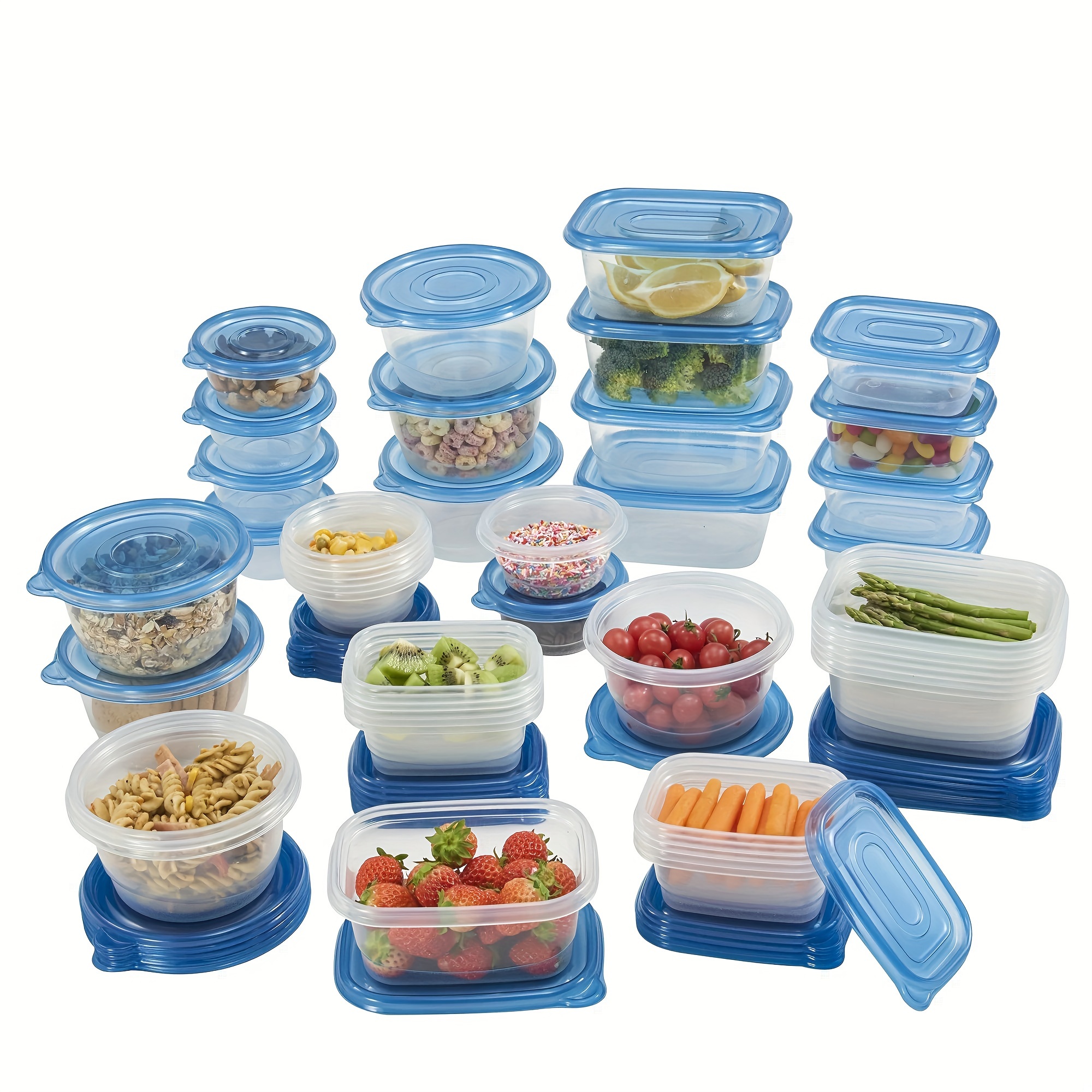 

92 Pieces Food Storage Value Set, Blue Lid, Multi-purpose Storage, Stores Multiple Foods, Airtight, Waterproof, Keeps Food Fresh, Microwaveable, Hand Washable,, Takes Up Little Space