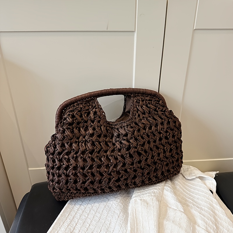 TEMU Fiber Clutch, Hand-woven Raffia Summer Beach Bag, Women's Woven Bag, 2026 Spring New Arrival, High-end Texture Beach Vacation Handbag, Straw