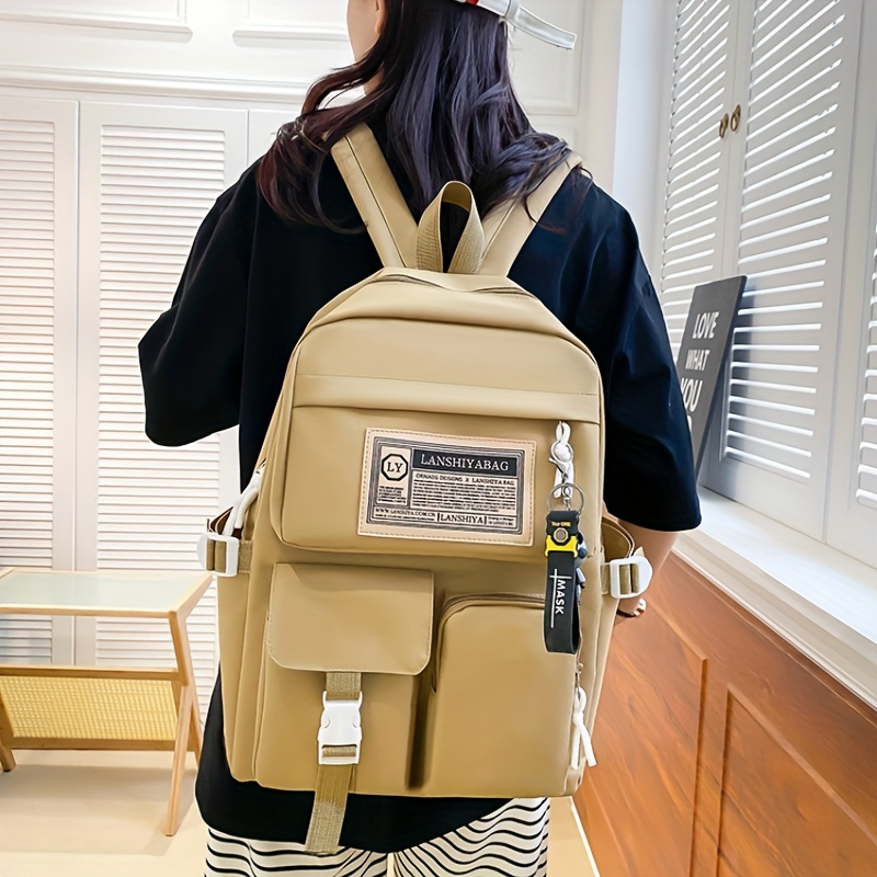 5pcs Solid Color Backpack Set, Large Capacity Double-ShoulderBag, Simple Tote, Pencil Bag, Casual Crossbody, Lightweight Student Shoulder Bag.
