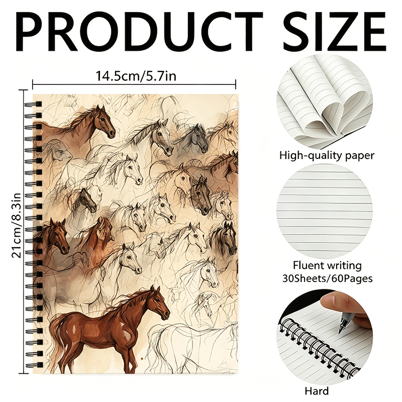 TEMU Cahier à spirale , 1 pièce, 30 feuilles pour un total de 60 pages, reliure à spirale, motif avec cheval au , convient aux amoureux des chevaux,