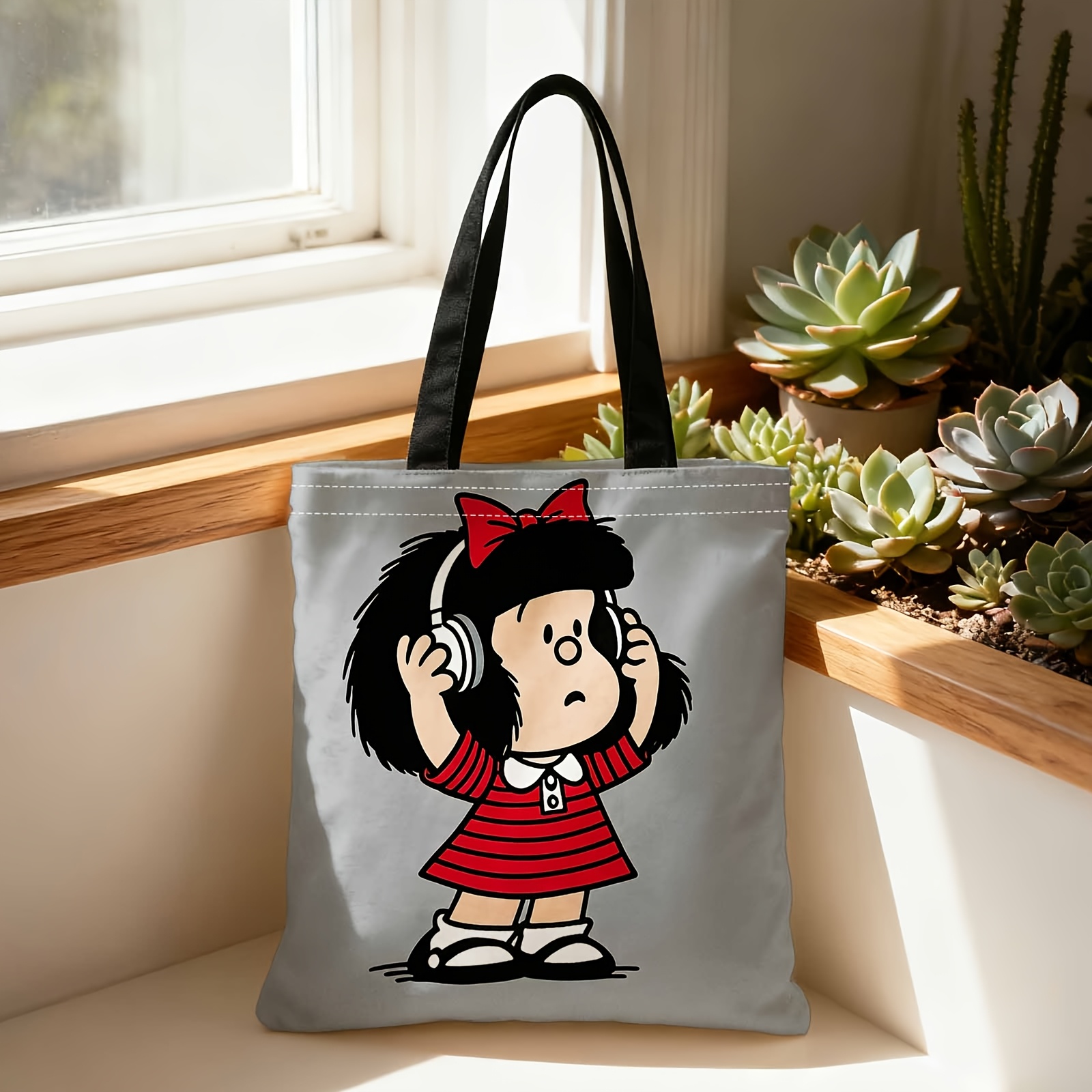 TEMU 1 pieza Bolsa de compras portátil con temática de anime y diseño de auriculares y - Estampado de cara adecuada para viajes, almacenamiento de