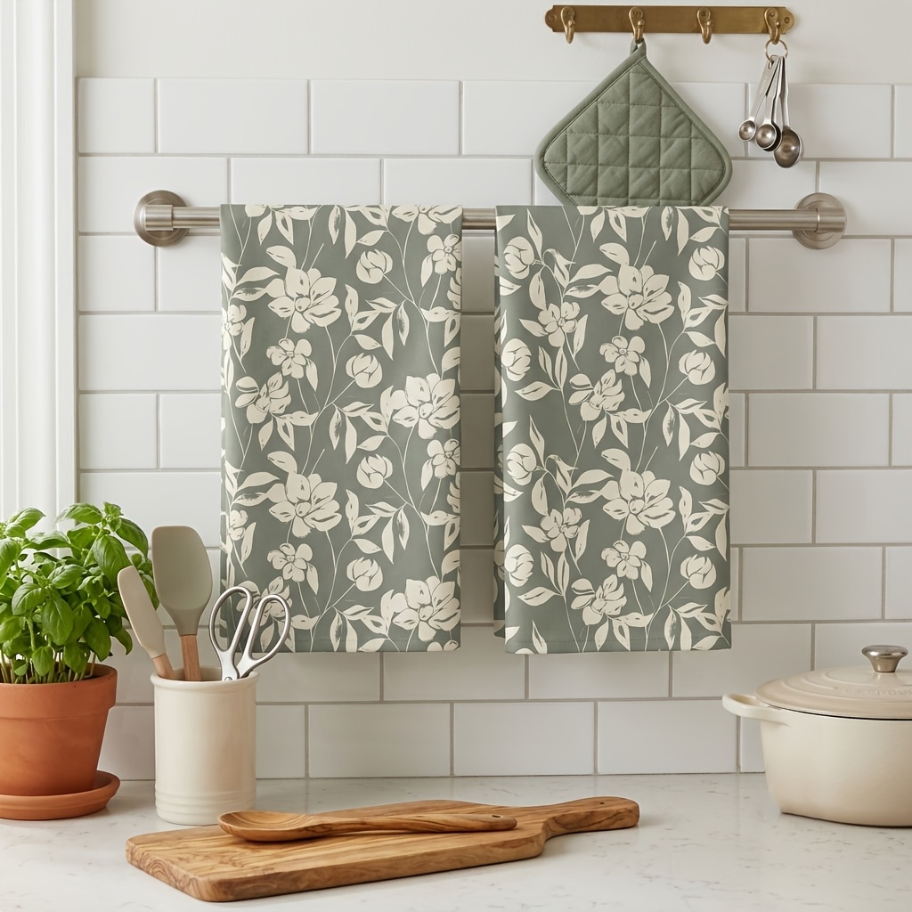 TEMU 2pcs Sage Green Floral Microfiber Kitchen Towels, Ultra Absorbent Dish Towels For Drying Dishes, Tea Towels, Decorative Dishcloths, Dry Tea