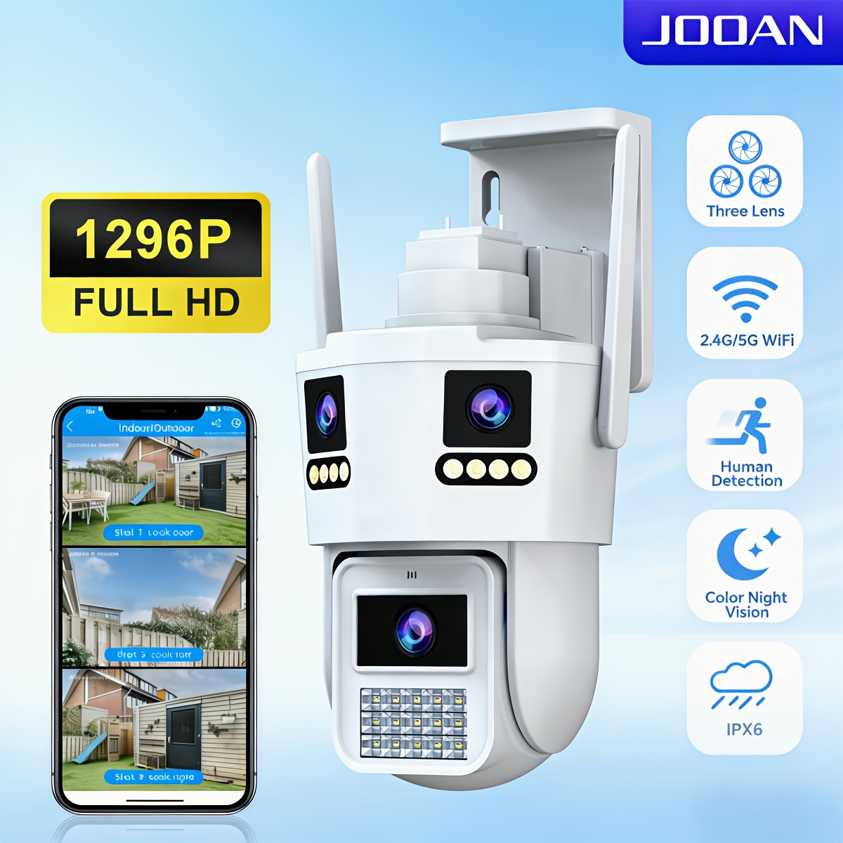 TEMU JOOAN Caméra de Surveillance Triple Caméra Distribution Fil , Caméra de Sécurité Wifi Double Bande 5G, Affichage sur 3 Écrans et Zoom 5X sur le