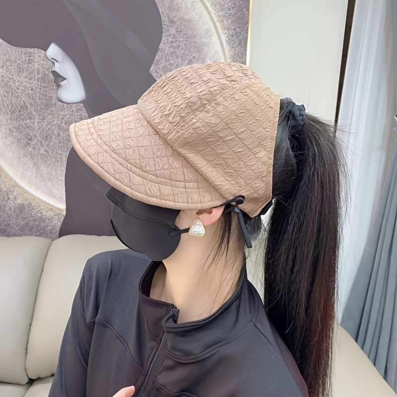 Solid Color Backless Sun Hat Wide Brim Peaked Hats Summer Adjustable Ponytail Cap For Women