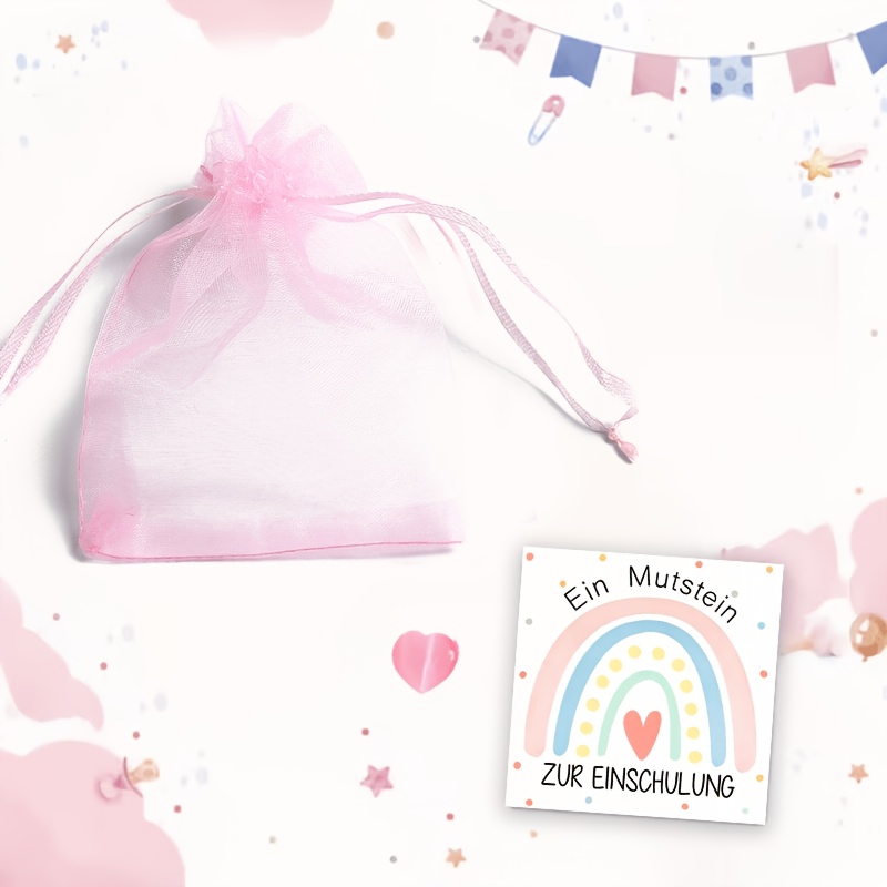Image of Gift For Her/him German "ein Zur Einschulung" First Day Of School Stone Drawstring Gift Bag, Heart Stone With Rainbow Card & Organza Bag, Back-to-school Encouragement Gift For Daughters