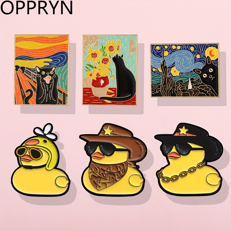 6pcs   van   starry   whimsical duck enamel alloy brooches cute cartoon animal pins with fashion glasses cowboy hats chains artistic unisex accessories for clothes backpacks hats perfect gift for   cat accessories and outfits backpack decoration   accessory intricate designs