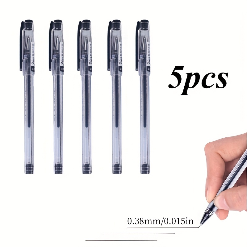 TEMU 5-pack 0.38mm Gel Pens, Ideal For Students, Office Use, Exams, Drawing, And Sketching; Fine Tip, All-black Ink, Plastic Body, Writing Pens,