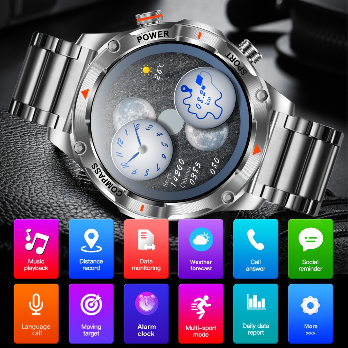 Men's Sports Smartwatch with LED Flashlight & Multiple Watch Faces