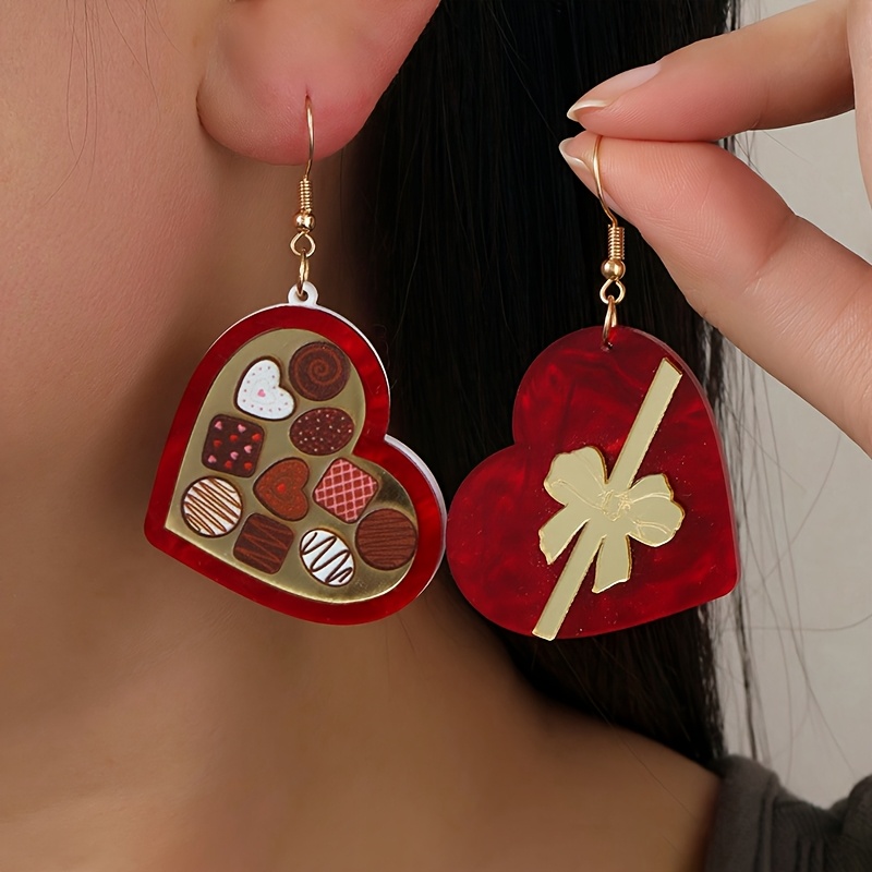 1pair Gift Box Earrings Acrylic Printed Creative Bow Heart Gift Box Asymmetrical Earrings Valentine's Day Gift For Girlfriend, Women's Fashion Drop Earrings, Acrylic Material