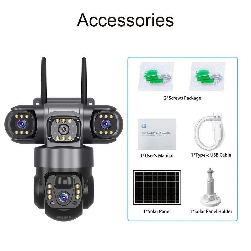 V380 Pro 3 Lens IP Solar Camera Outdoor Security CCTV Night Vision Two-Way Audio Camera Mobile Tracking 4G IP Camera