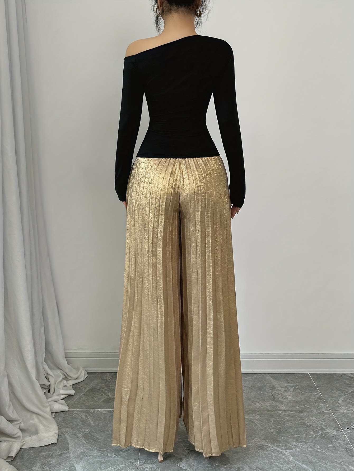 Elegant Off-Shoulder Black Top Golden Pleated Wide-Leg Pants Stylish  Spring/Summer Women'S Fashion Set, Elegant Attire|Sophisticated