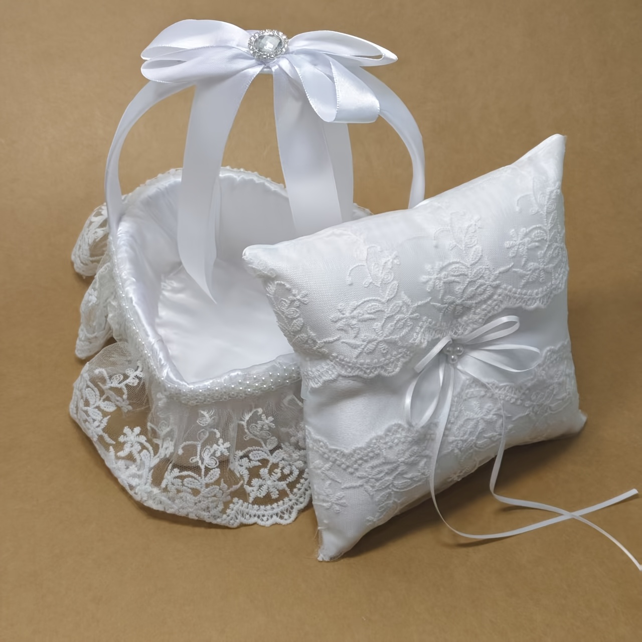 A Set of White Lace And Diamond-Decorated Wedding Flower Basket And Ring  Pillow a Romantic Wedding Ceremony with a Heart-Shaped Flower Gi