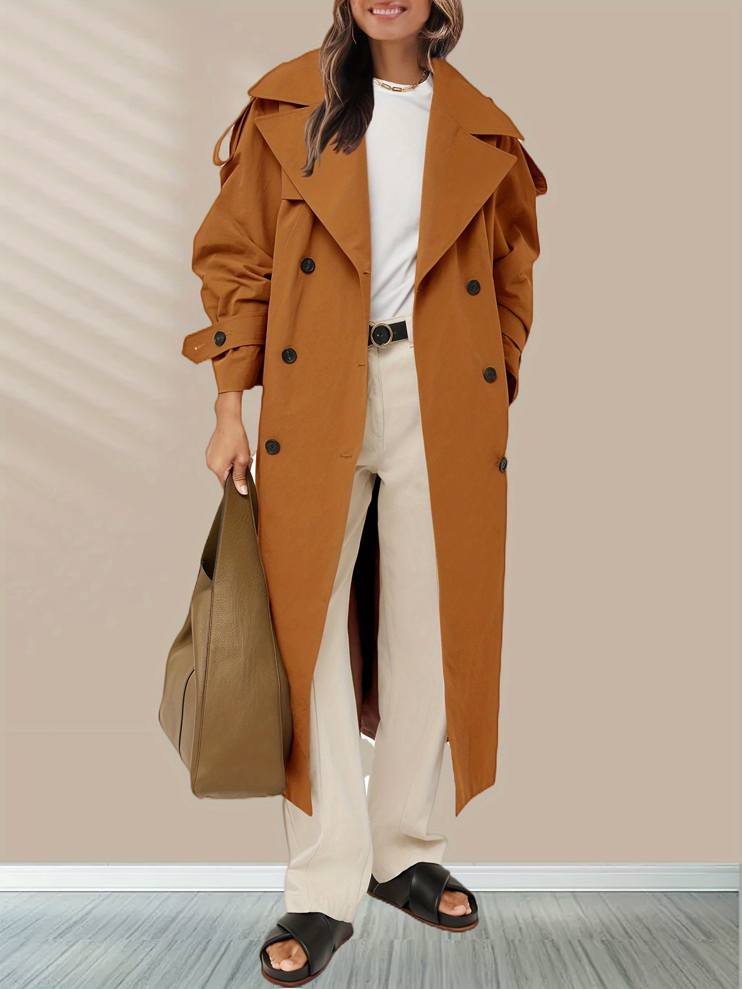 HotsAlifes Womens Coats Solid Trench Coats For Women Single-Breasted Slim-Fit Windbreaker For Ladies Longline Winter Jacket Elegant Work Office