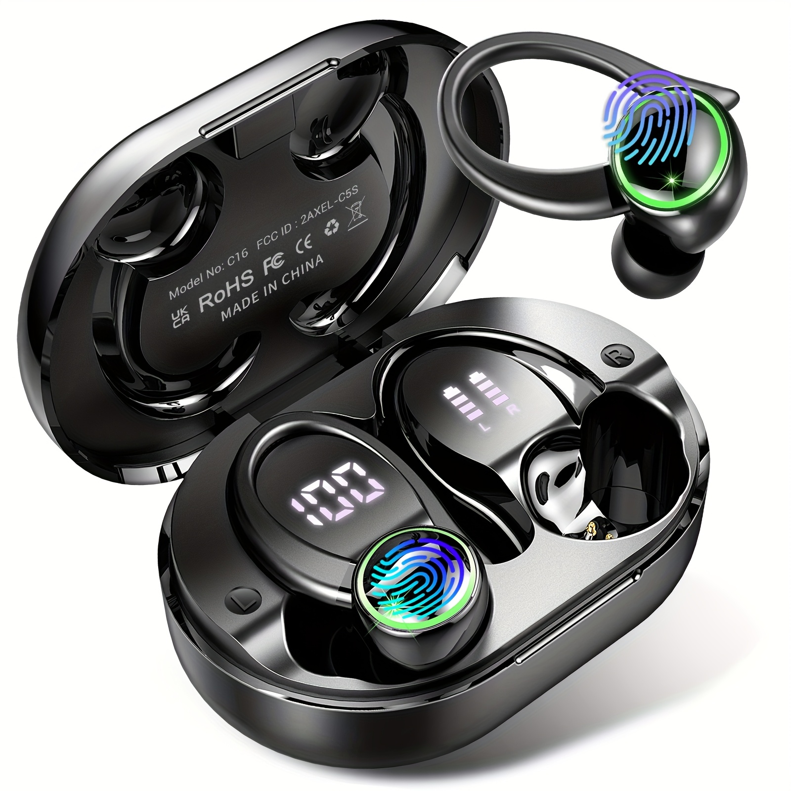 C16 Wireless Sports Earbuds, Wireless 5.3, 13mm Hifi Stereo, Cvc 8.0 Noise Cancelling, 48h Playtime With Led Display, Smart Touch Control, Earhook Design With 3 Sizes