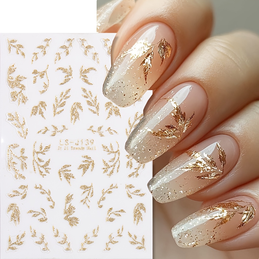 TEMU Stickers pour Nail Art Feuilles à Paillettes Dorées 3D - Décorations d'Ongles Brillantes Auto-Adhésives, pour le Nail Art, Floraux Élégants en