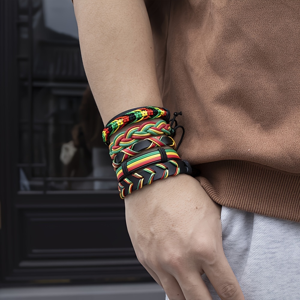 TEMU 10pcs Red Handmade Woven Pu Hip-hop Leather Bracelet Suitable For Men And Women To Wear On A