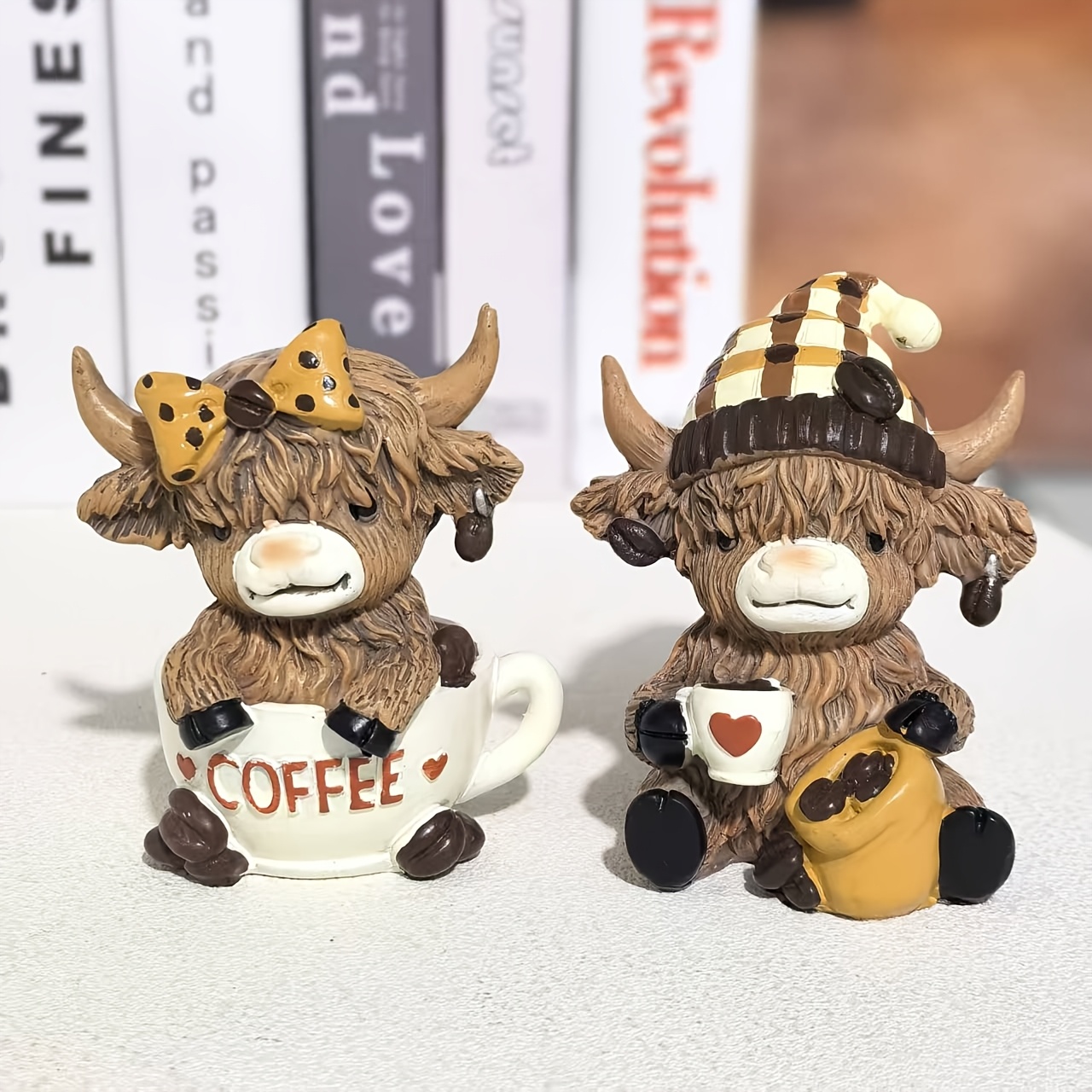 Image of 2pcs Highland Cow Resin Statues | Home Decor Desktop Ornaments, Easy European Style Bedroom Decor, Ideal For Thanksgiving, Mother's Day, Valentine's Day Gifts