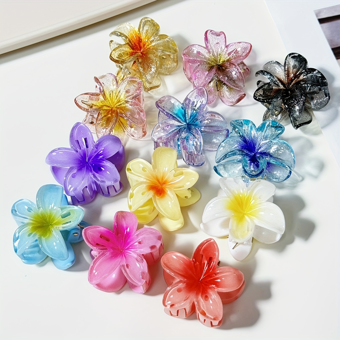 TEMU 12pcs/set Flower Shaped Hair Claw Clips, Transparent Bangs And Ponytail Holders, Simple And Hair Accessories For Women, Small Size, Hair Accessories Set