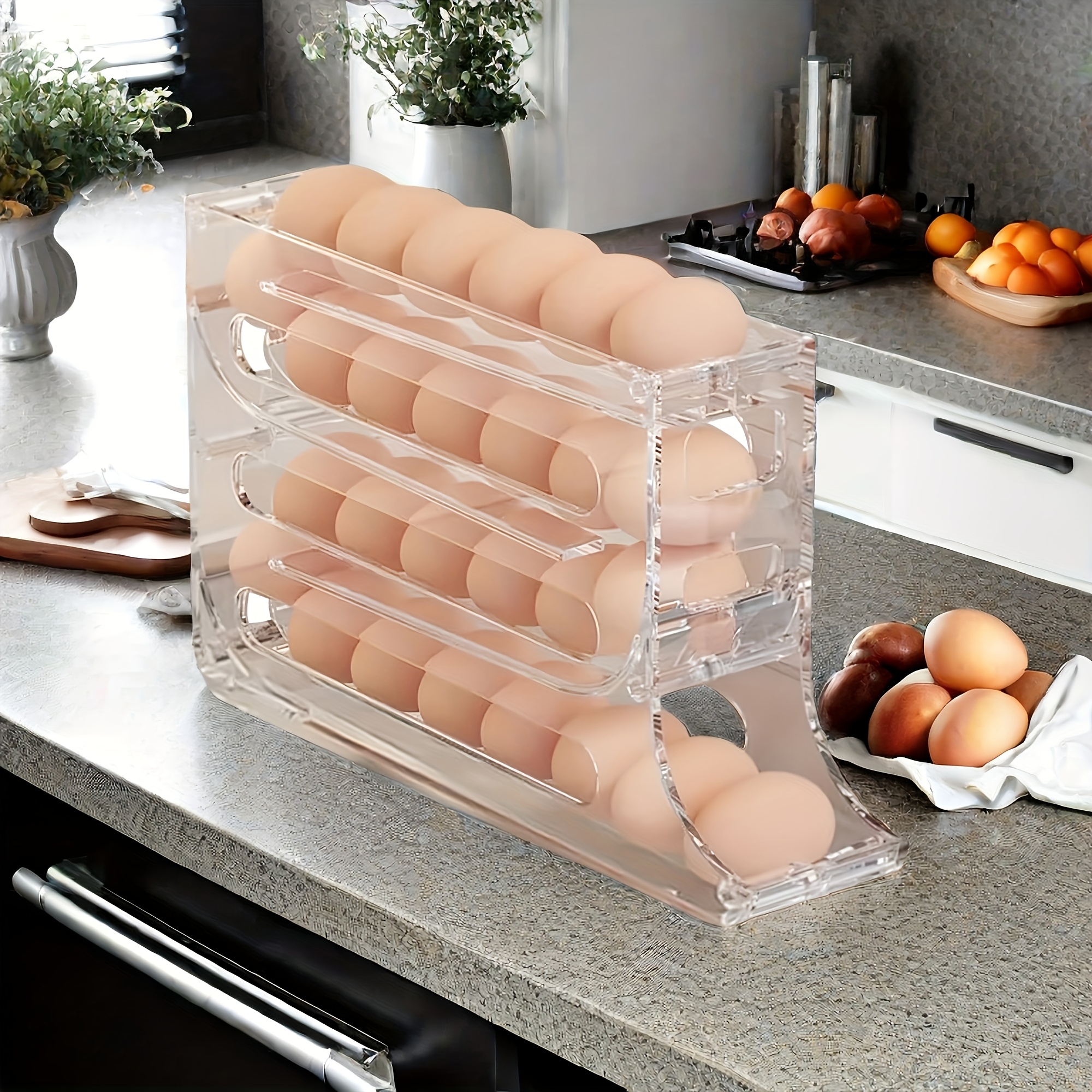 TEMU Transparent Automatic Dispenser, Egg Storage Box, Space-saving Refrigerator Egg Tray, Suitable For Refrigerator, Kitchen, Cabinet, And Dining Table