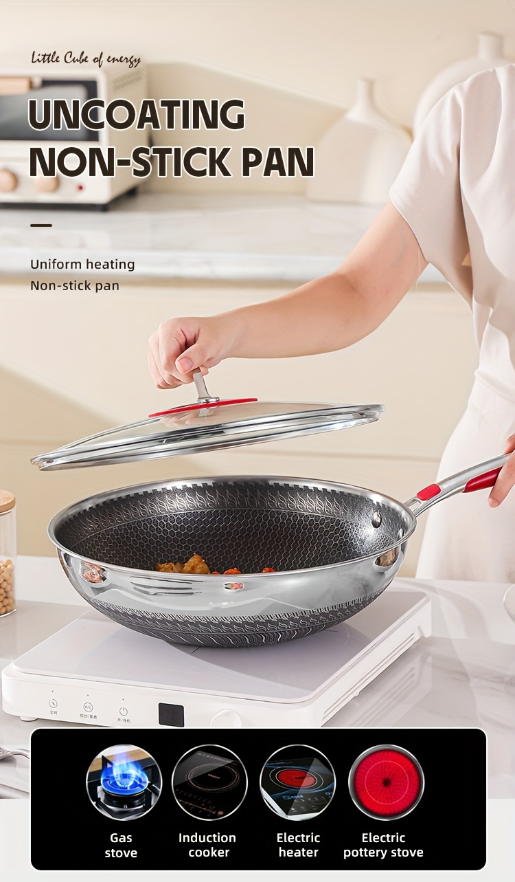 1pc 304 stainless steel wok 3 layer thickened large capacity   easy to clean non slip handle compatible with all stoves dishwasher safe multi purpose cooking ideal for stir frying simmering steak   home kitchen use details 3