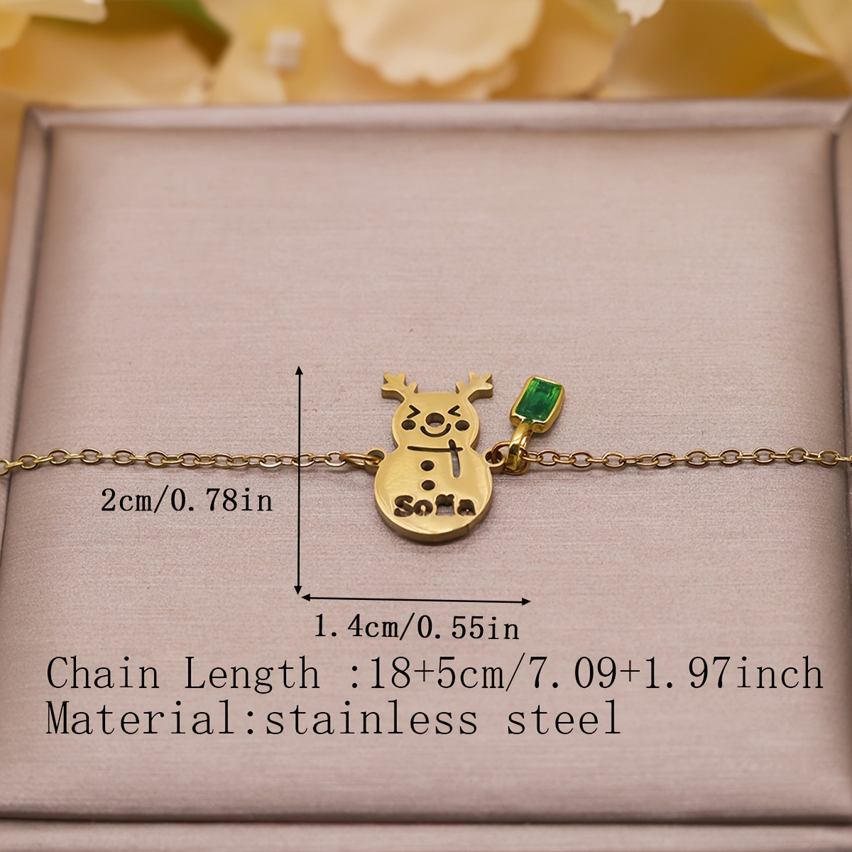 Personalized Snowman Name Bracelet with Green Charm, Stainless Steel