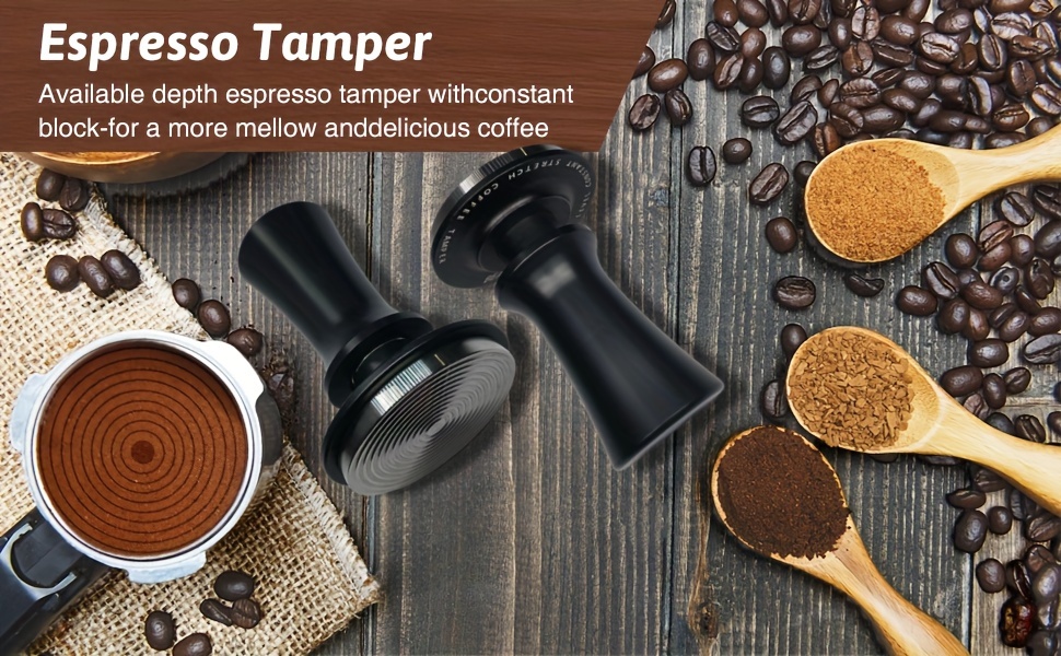 premium stainless steel espresso tamper with calibrated spring 51 53 53 7 58mm sizes   carbon brazed coffee tamper with ripple base for perfect ground distribution espresso accessories details 1