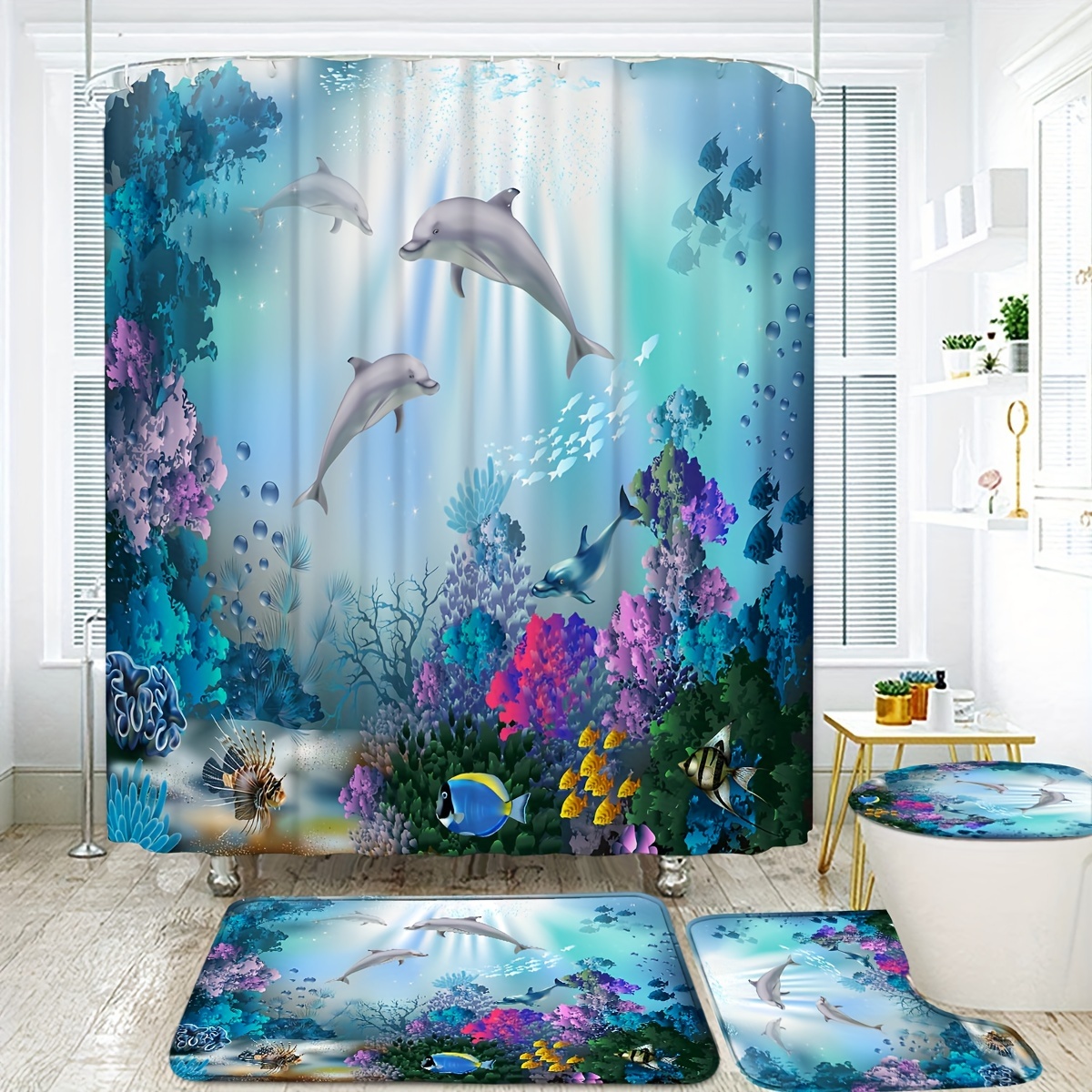 

1/4pcs Underwater Dolphin Pattern Shower Curtain Set, Shower Curtain With 12 Hooks, Non-slip Bath Mat, U-shaped Toilet Mat, Toilet Mat, Bathroom Decor Accessories