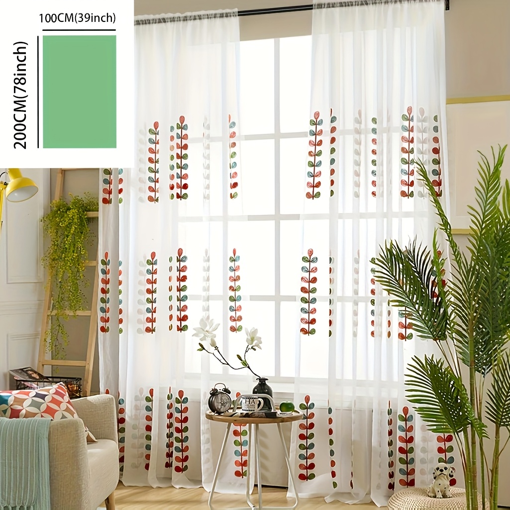 TEMU 1pc Fresh Pastoral Multicolor Leaf Embroidery Sheer Curtain, Rod , Lightweight And Elegant With Pattern, Suitable For Balcony, Living Room,