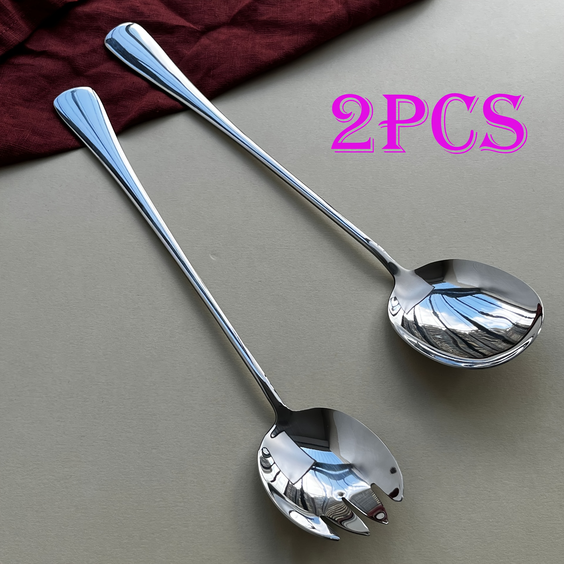 Image of Set Of 2 Stainless Steel Mirror End Long-handled Salad Forks And Spoons, 28cm/11 Inches, Dishwasher Safe, Suitable For Buffets/parties, Ideal Gift For Christmas/father's Day, Silvery Color
