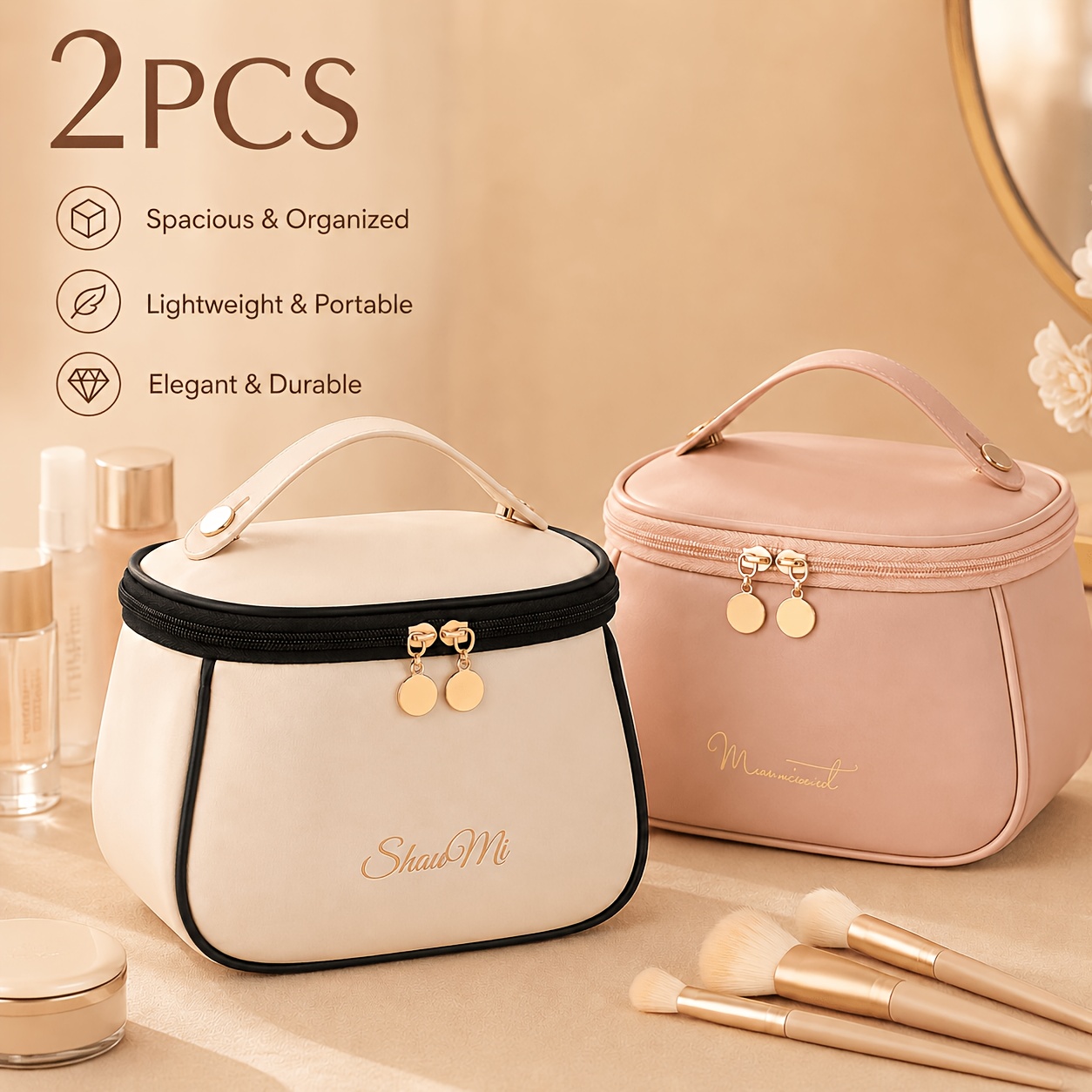 2pcs Travel Toiletry Bag Set, Large Capacity Portable Handheld Makeup Organizer with Brush Holder, Multi-Compartment Storage Bag for Skincare And Bathing, Daily Use