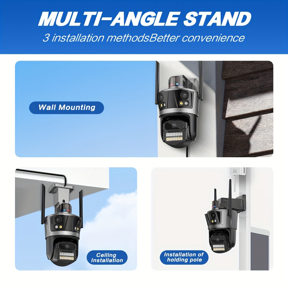 Cámara de seguridad para el hogar con WiFi PTZ de tres lentes, vigilancia exterior 3 en 1 con rotación de 360°, seguimiento automático, visión nocturna de color completo, foco, audio bidireccional, compatible con Alexa, IPX4, enchufe de la UE