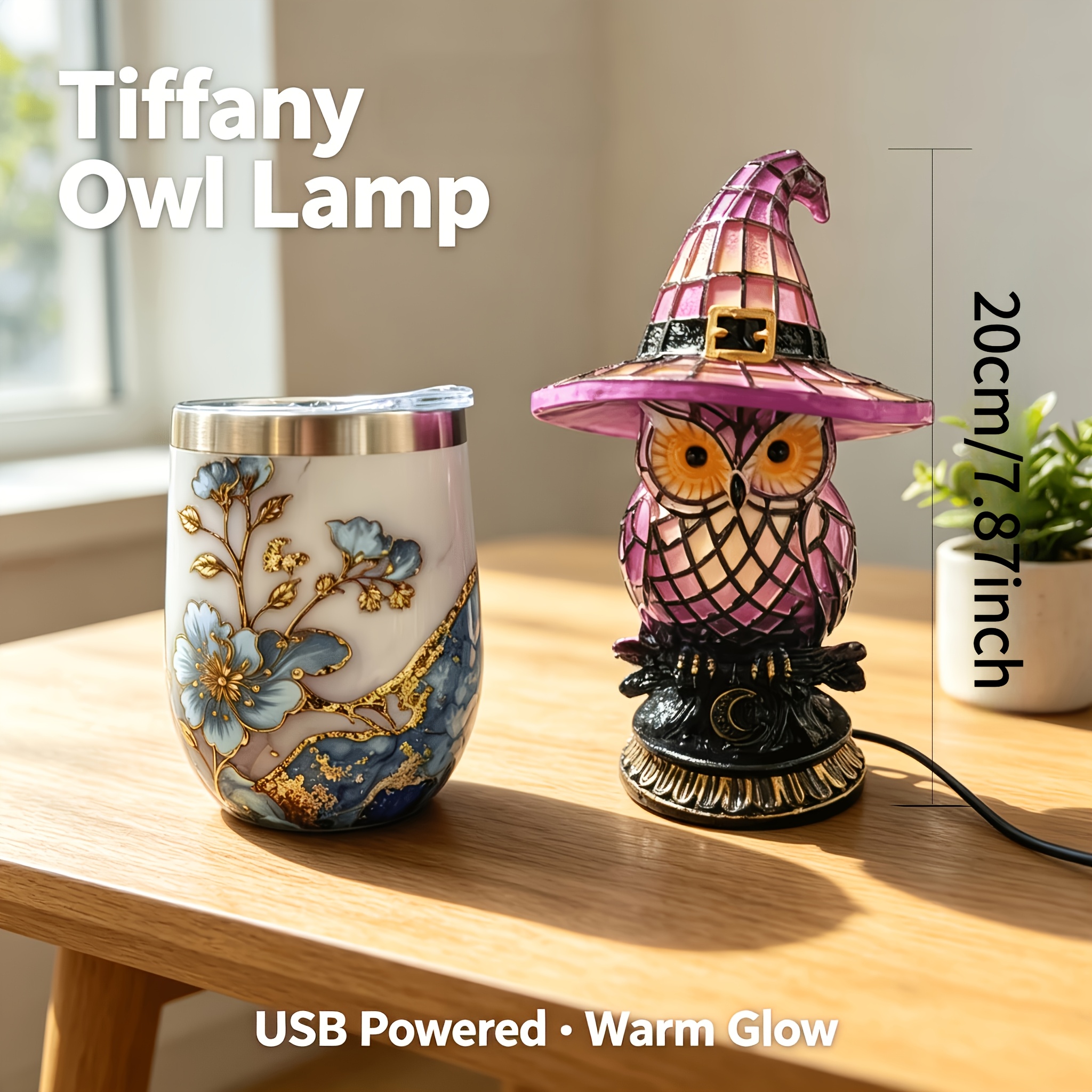 Owl-shaped lamp wearing a pink pointed witch hat