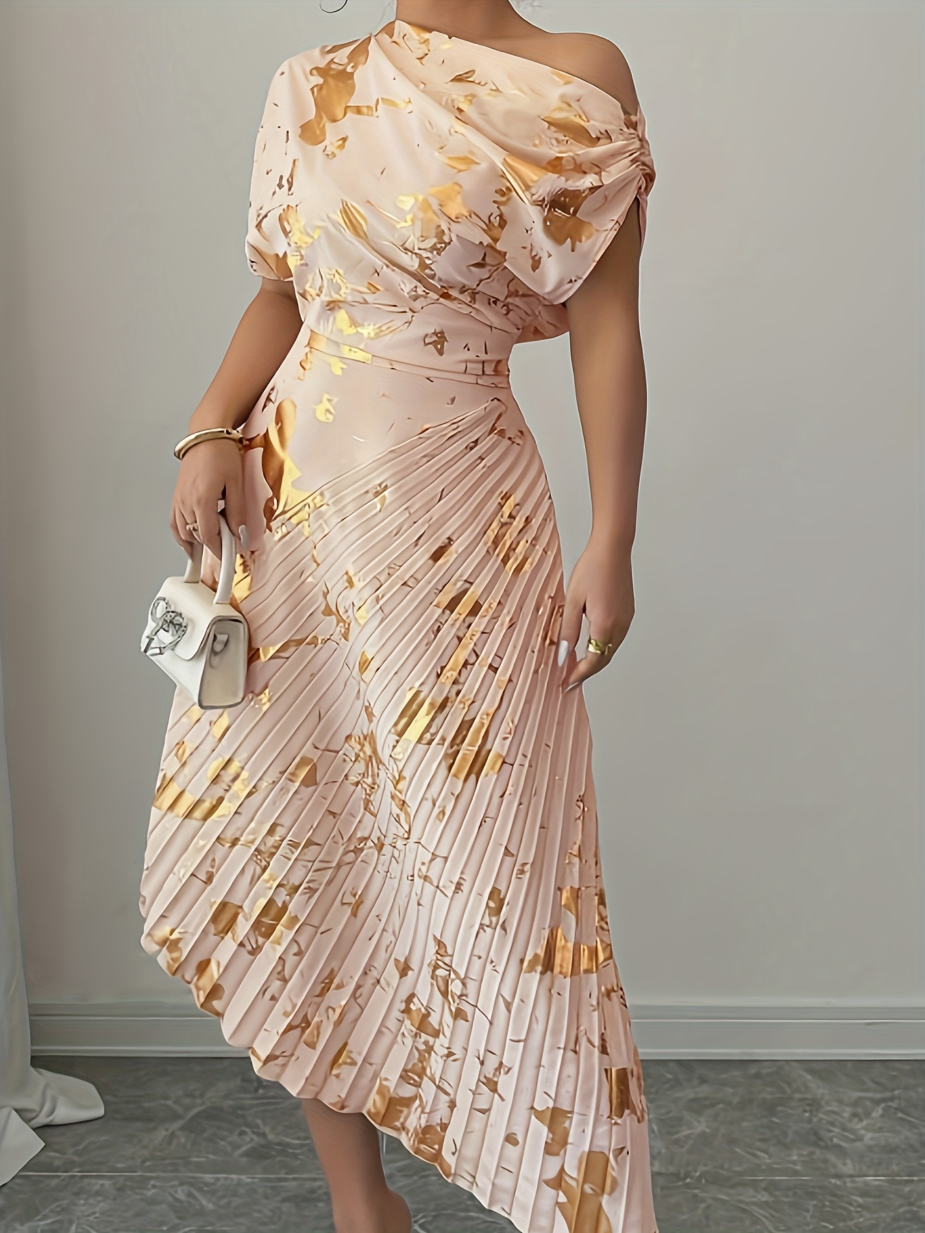 womens elegant asymmetrical off shoulder one shoulder dress soft pink neutral tones flowy a line silhouette lightweight formal casual outfit for parties everyday spring summer womens clothing party attire geometric pattern pink 0