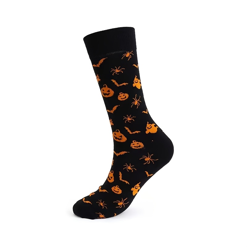 TEMU 1 Pair Of Trendy Black Halloween Couple Socks With And Pumpkin, Spider, And Bat Prints. Stylish And Versatile For The Holidays, Suitable For Men