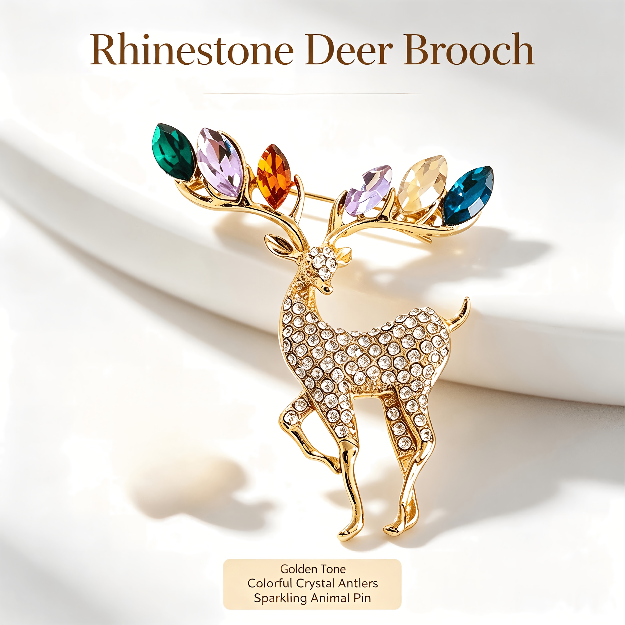 TEMU 1 Broche de Noël avec Strass de Cerf, Broche à Revers Multicolore en Cristal avec , Broche en Or avec Élan pour Femmes, Bijou Cadeau de Costume