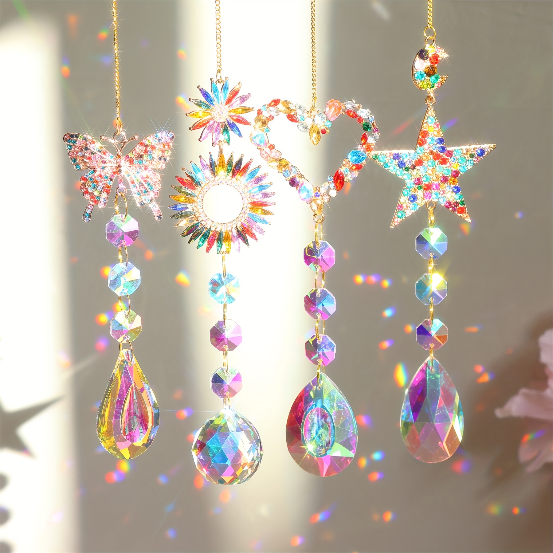 

4pcs Suncatcher, Handmade Colorful Sun Catcher With Fake Diamond Decoration, Butterfly Suncatcher, Heart Pentagram Fake Jewelry Pendant, Home Dedor, Room Decor, Gifts