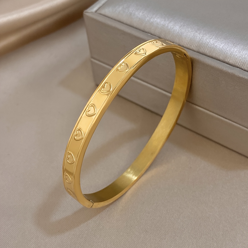 Golden-Plated Heart-Shaped Stainless Steel Bracelet, Adjustable Cuff