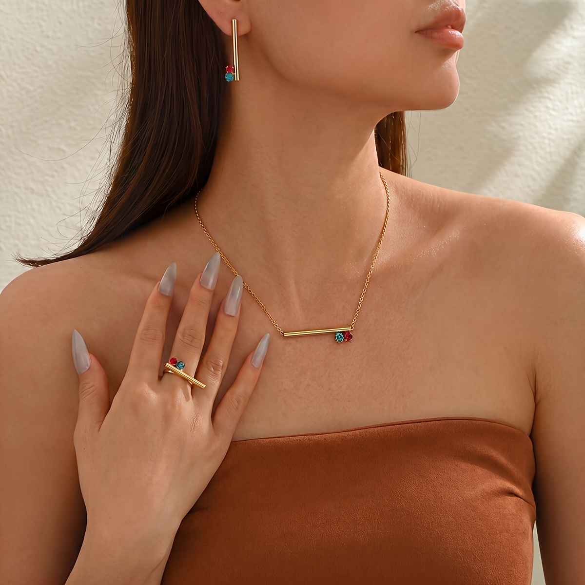 TEMU 3pcs Women's Jewelry Set Necklace Earrings Ring Easy Geometric Style Inlaid Red Blue Rhinestones Middle Eastern Daily Commute Party Gathering