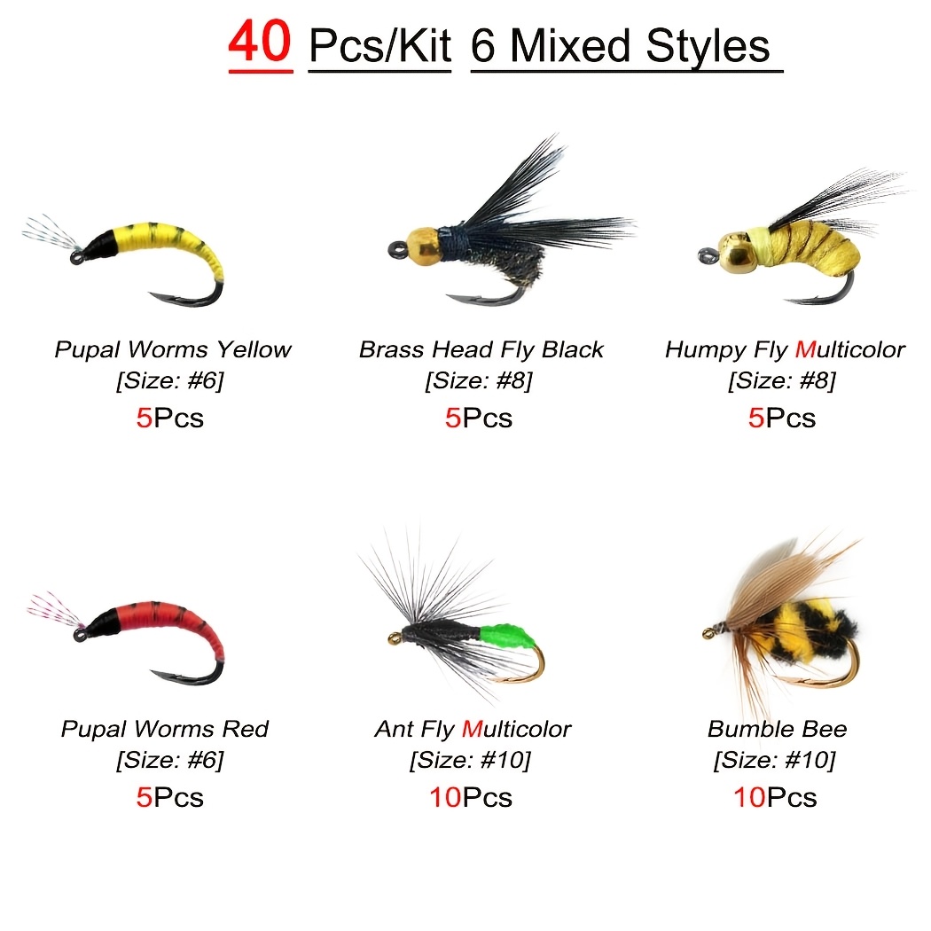 TEMU Set Of 40 Handmade Trout Fishing Flies, Featuring Carbon Steel Hooks And Packaged In A Box Made Of Artificial Feathers And Rayon