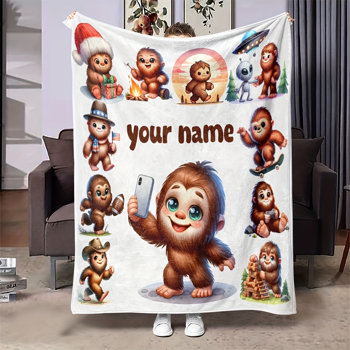 

Custom Text Personalized Blanket - Cute Cartoon Sasquatch Print, Cozy Flannel Throw For , Perfect Gift For Room Decor & Comfort